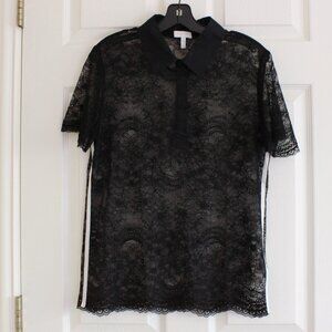 Escada Sport Black Sheer Lace Polo Shirt Blouse Pipping Collared Short Sleeve